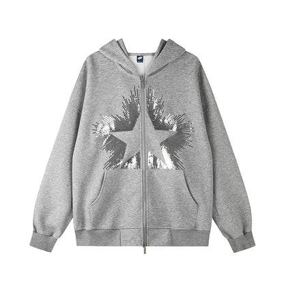 Sequin Star Burst Zip Up Hoodie Gray product image