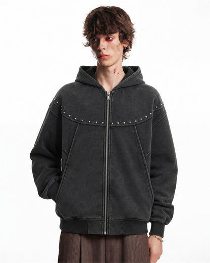 Boxy Studded Yoke Zip Up Hoodie model image