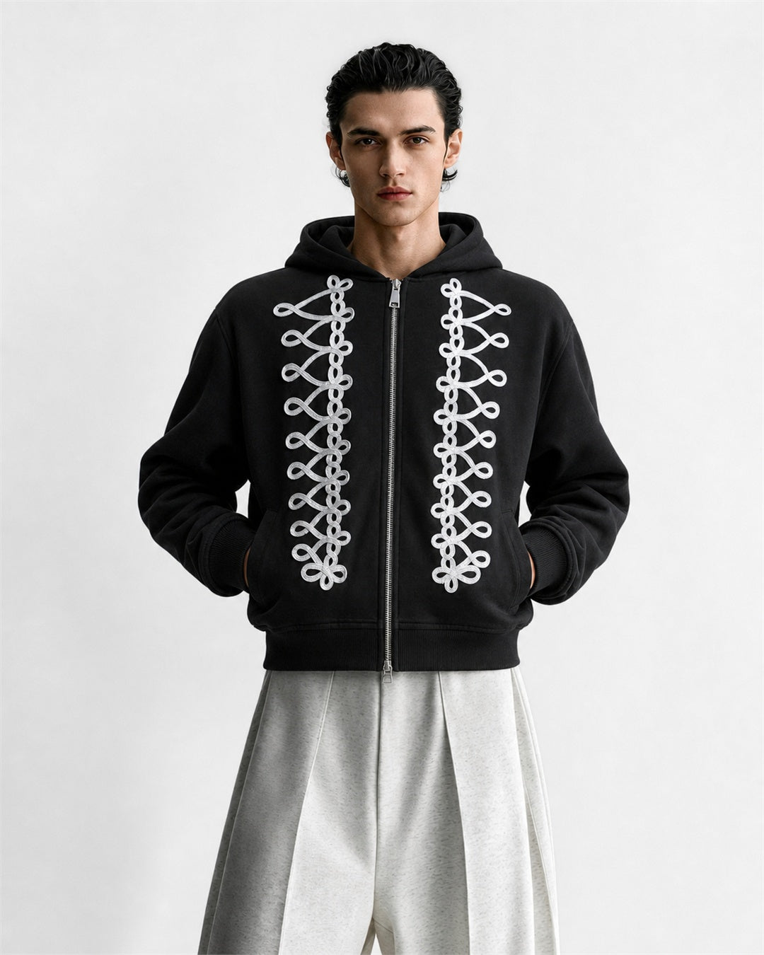 Napoleon Cord Embroidery Boxy Zip Up Hoodie model image