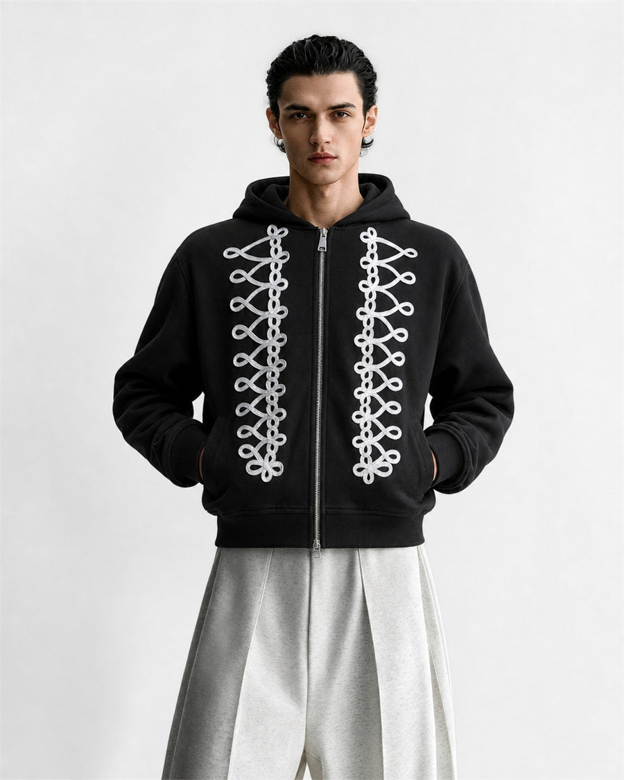 Napoleon Cord Embroidery Boxy Zip Up Hoodie