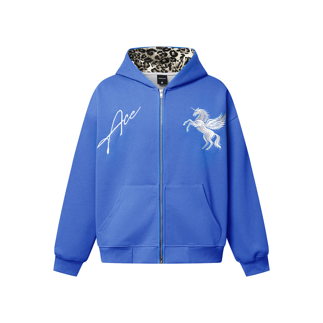 Embroidered Pegasus Zip Up Hoodie Blue product image