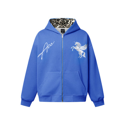 Embroidered Pegasus Zip Up Hoodie Blue product image