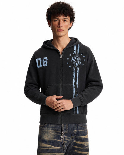 Distressed Badge Graphic Zip Up Hoodie model image