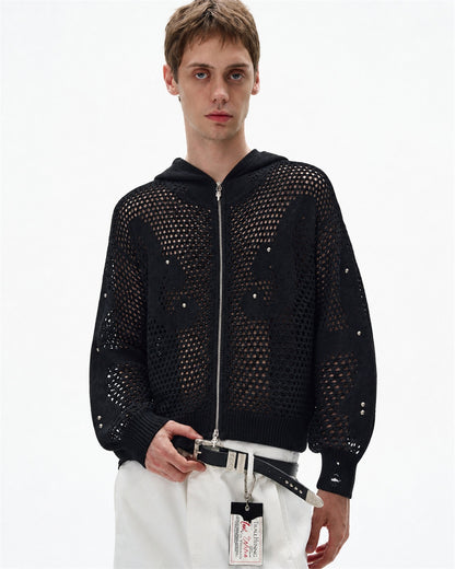Knit Mesh Studded Boxy Zip Up Hoodie model image