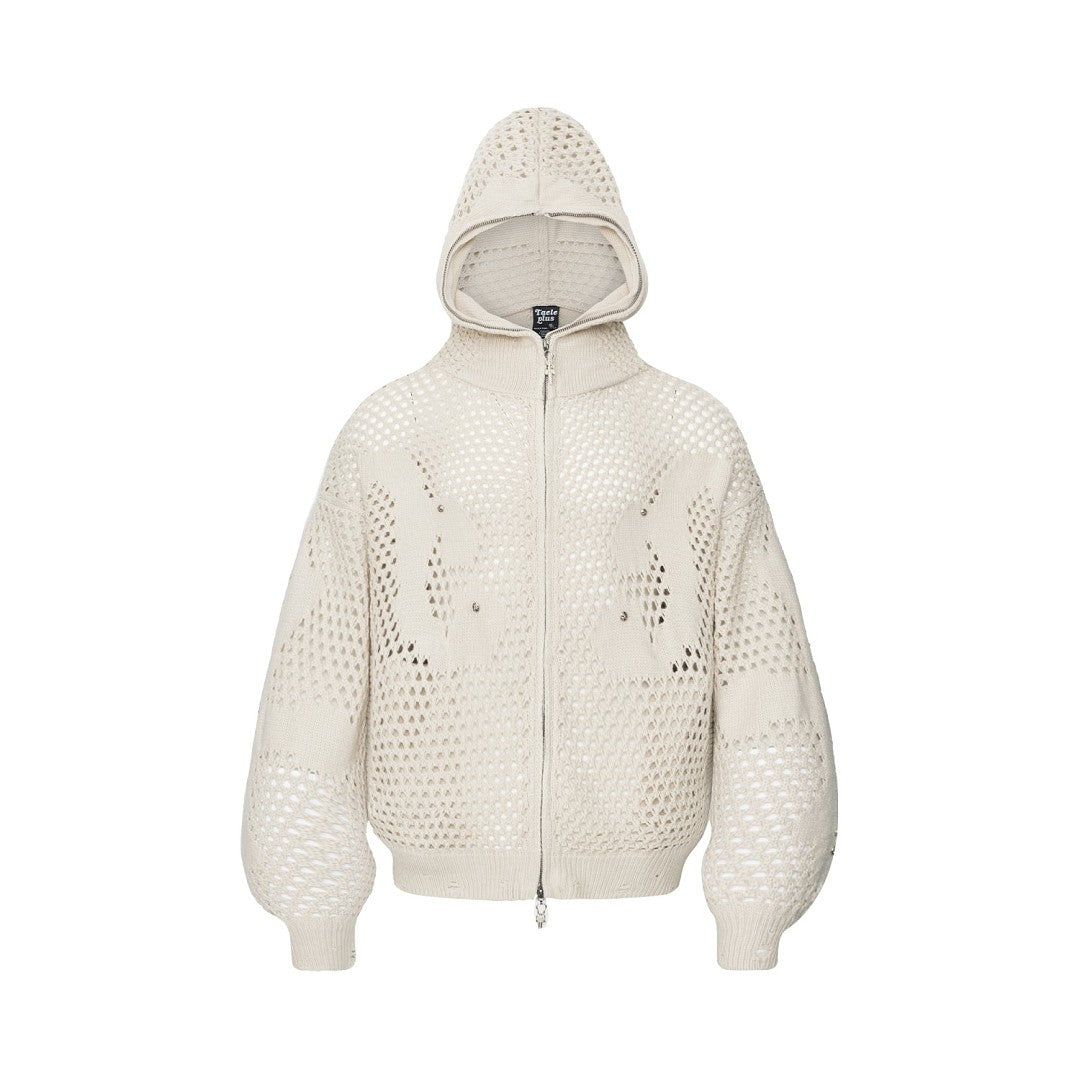 Knit Mesh Studded Boxy Zip Up Hoodie Beige product image