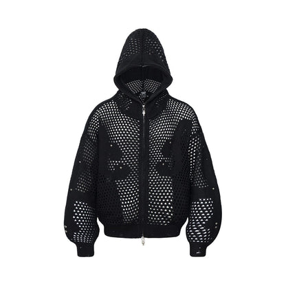 Knit Mesh Studded Boxy Zip Up Hoodie Black product image