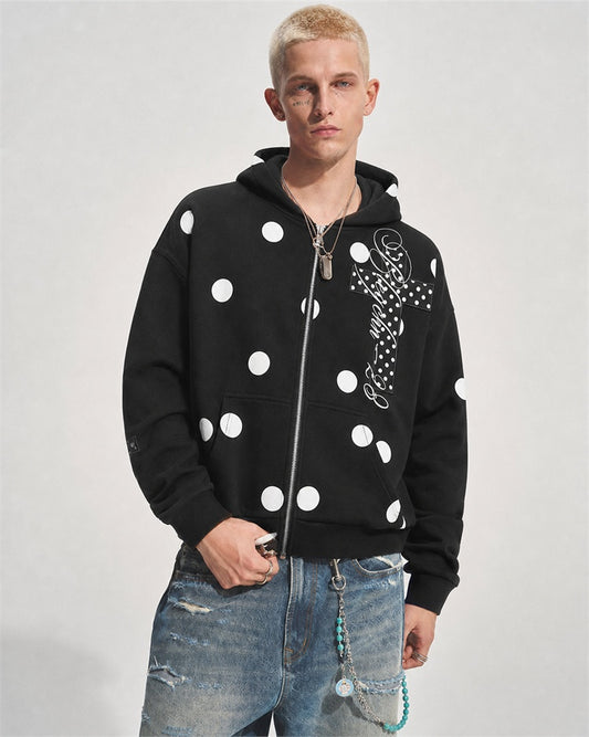 Polka Dot Cross Applique Zip Up Hoodie model image