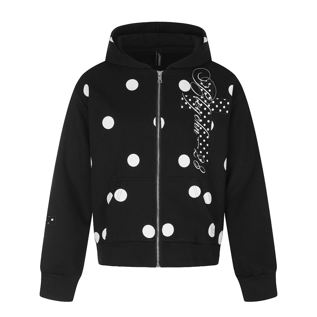 Polka Dot Cross Applique Zip Up Hoodie Black product image