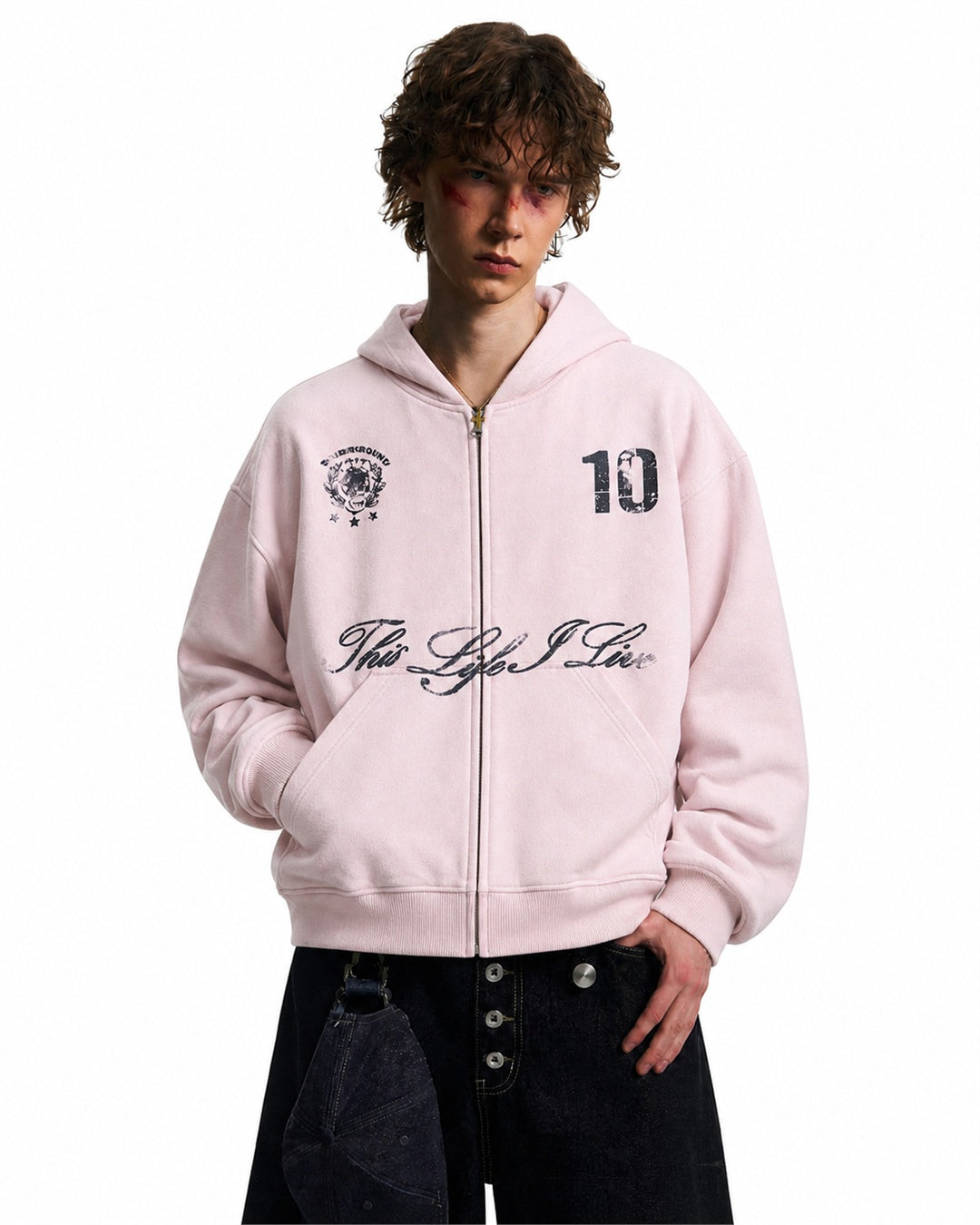 Script Number Graphic Zip Up Hoodie model image
