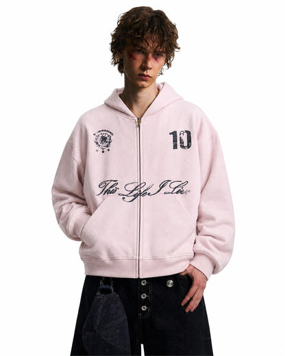Script Number Graphic Zip Up Hoodie model image