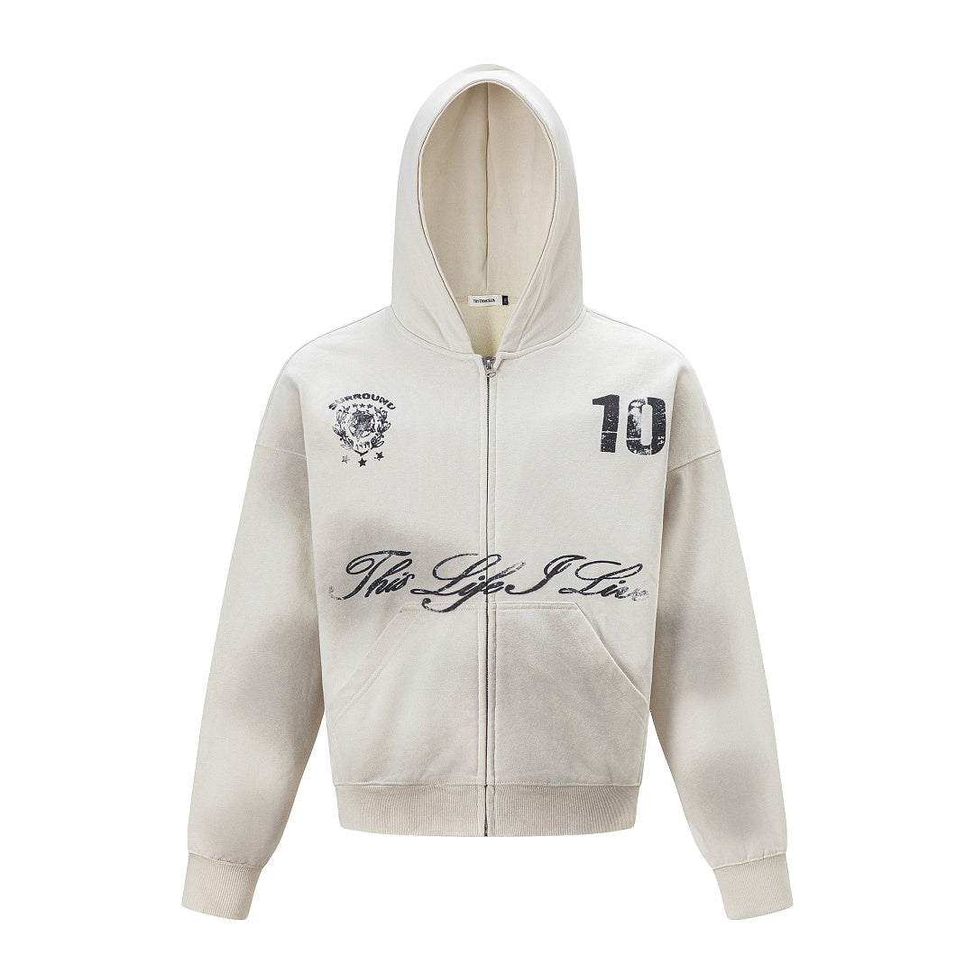 Script Number Graphic Zip Up Hoodie Beige product image