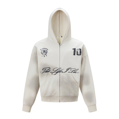 Script Number Graphic Zip Up Hoodie Beige product image