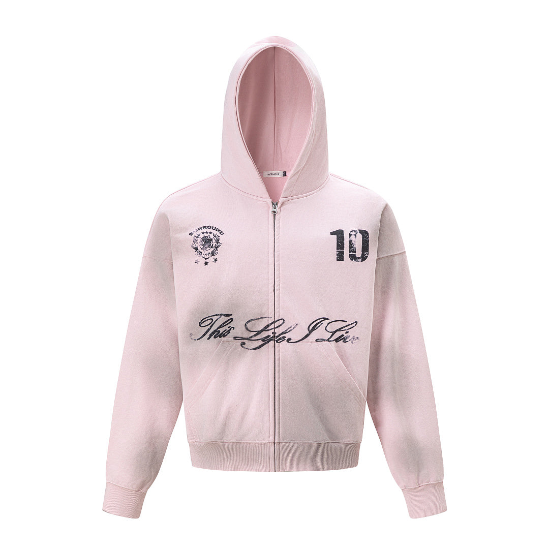 Script Number Graphic Zip Up Hoodie Pink product image