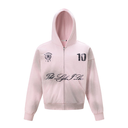 Script Number Graphic Zip Up Hoodie Pink product image