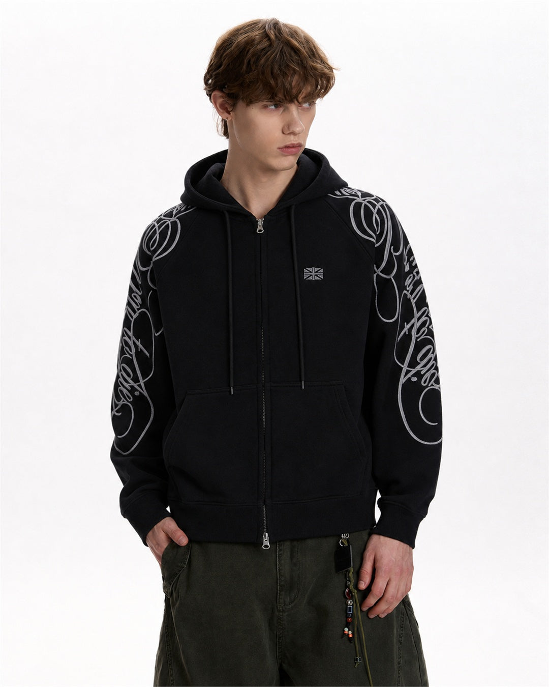 Ornamental Letter Embroidered Two Way Zip Hoodie model image