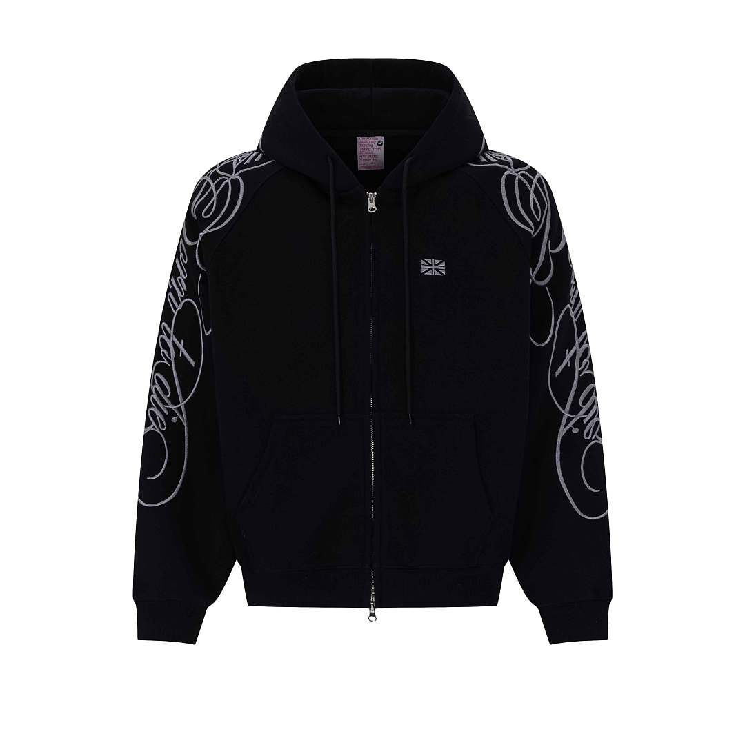 Ornamental Letter Embroidered Two Way Zip Hoodie Black product image