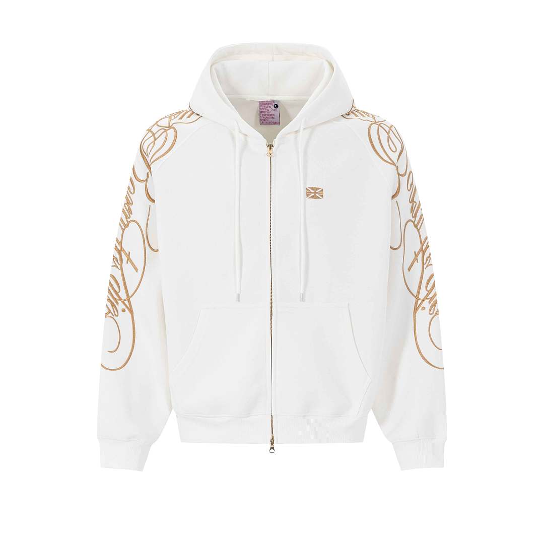 Ornamental Letter Embroidered Two Way Zip Hoodie White product image