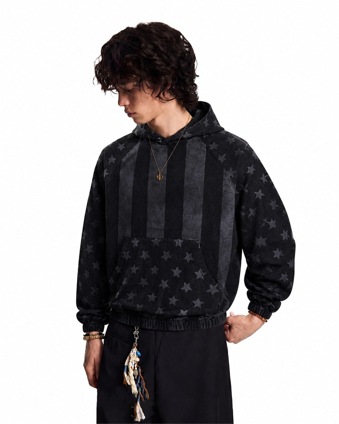 Distressed Star Print Denim Boxy Hoodie model image
