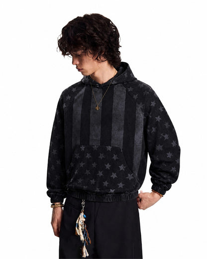 Distressed Star Print Denim Boxy Hoodie model image