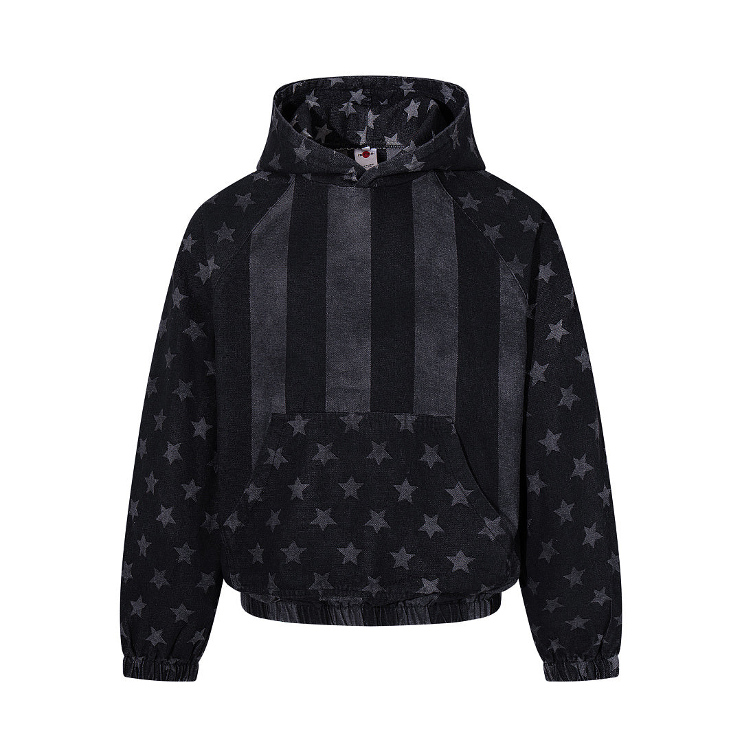 Distressed Star Print Denim Boxy Hoodie Black product image