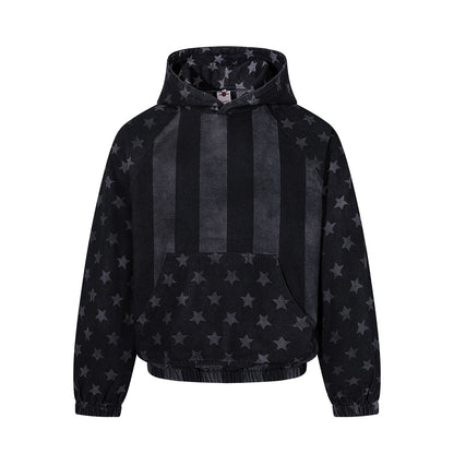 Distressed Star Print Denim Boxy Hoodie Black product image