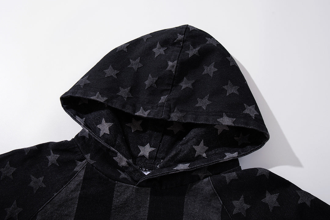 Distressed Star Print Denim Boxy Hoodie detail image 4