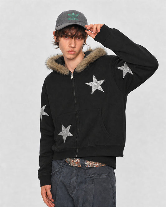 Star Rhinestone Fur Collar Zip Up Hoodie model image