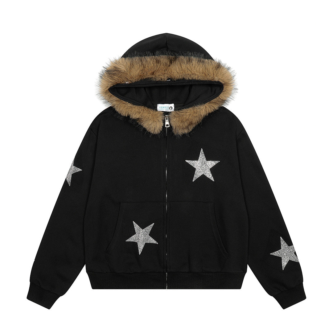 Star Rhinestone Fur Collar Zip Up Hoodie Black product image