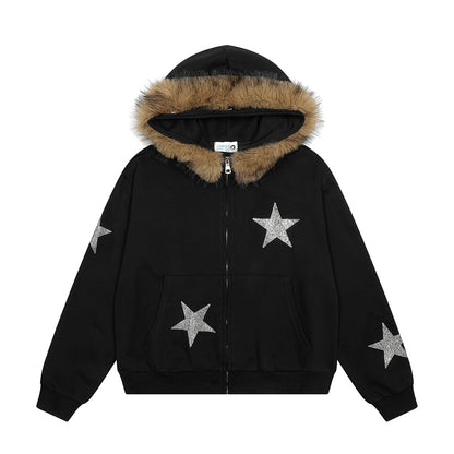 Star Rhinestone Fur Collar Zip Up Hoodie Black product image