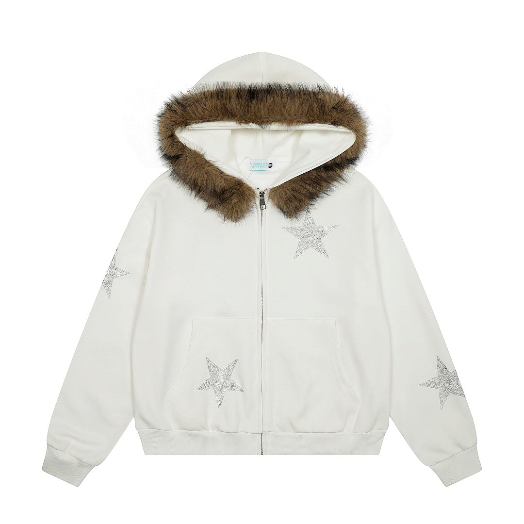 Star Rhinestone Fur Collar Zip Up Hoodie Gray product image