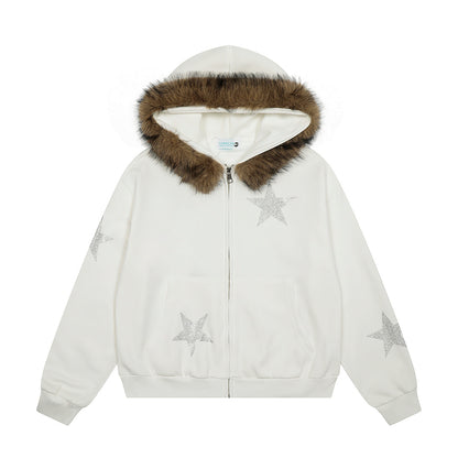 Star Rhinestone Fur Collar Zip Up Hoodie Gray product image