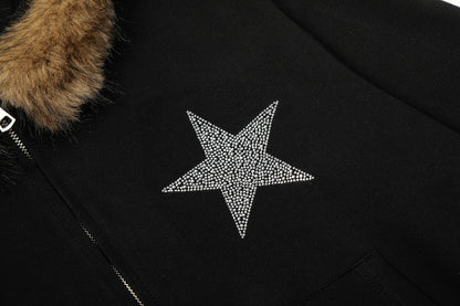Star Rhinestone Fur Collar Zip Up Hoodie detail image 6