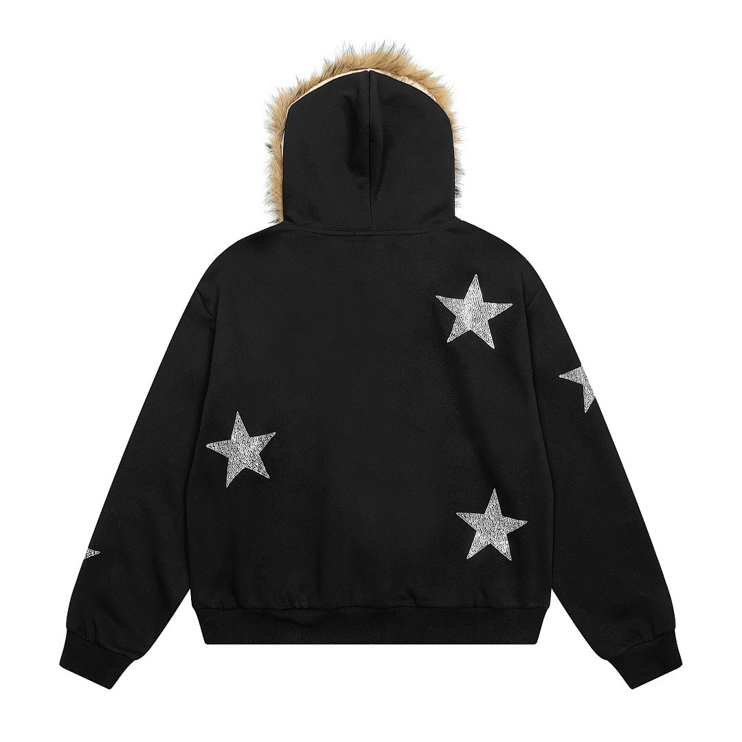 Star Rhinestone Fur Collar Zip Up Hoodie detail image 3