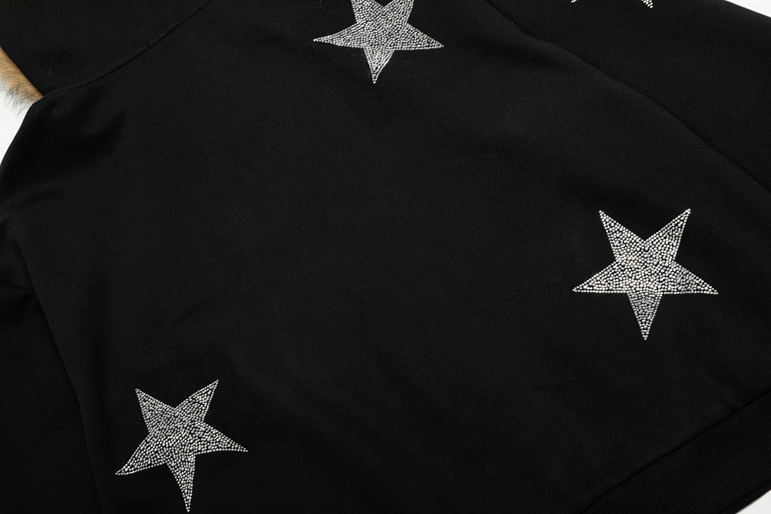 Star Rhinestone Fur Collar Zip Up Hoodie detail image 7