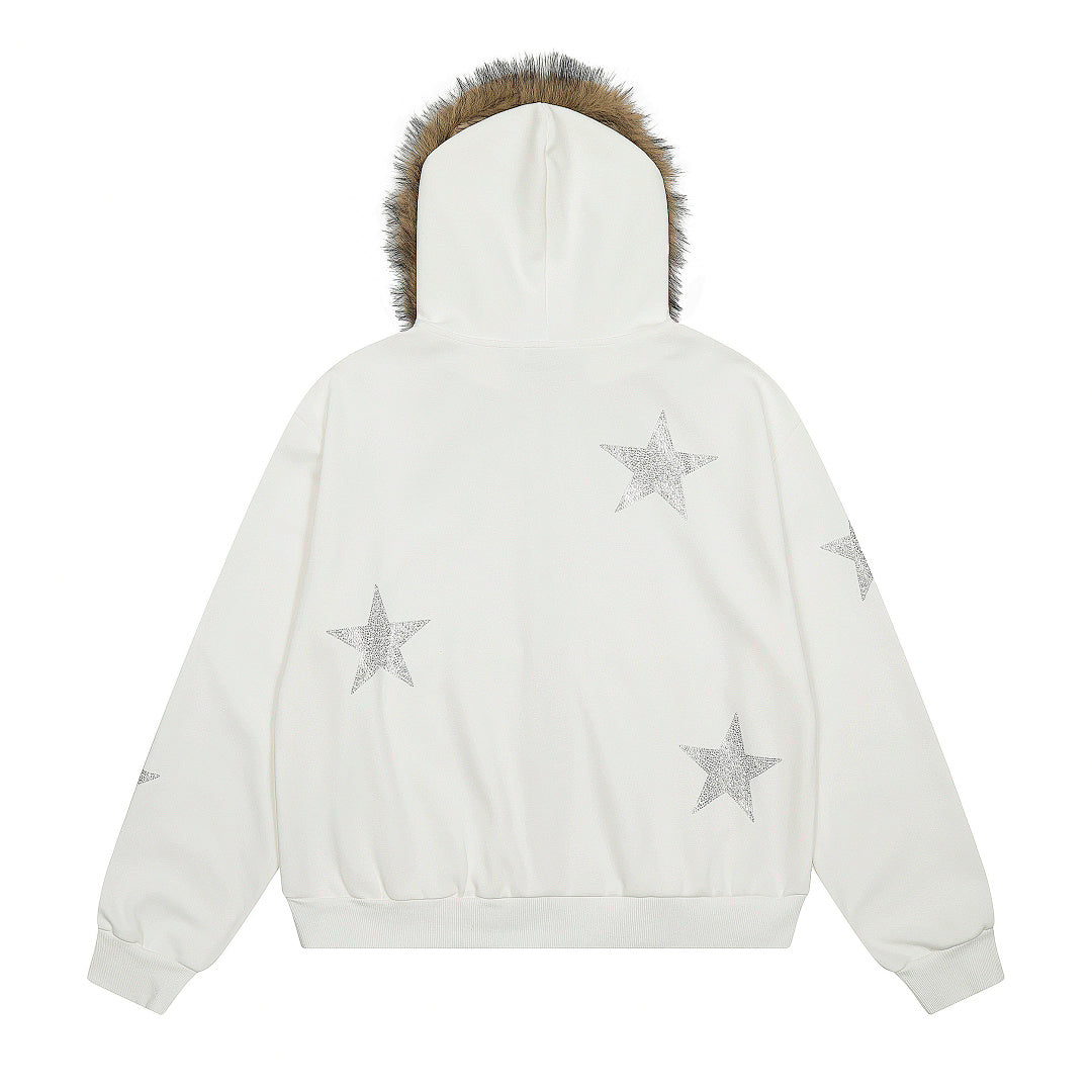 Star Rhinestone Fur Collar Zip Up Hoodie detail image 5