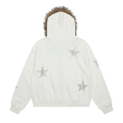 Star Rhinestone Fur Collar Zip Up Hoodie detail image 5