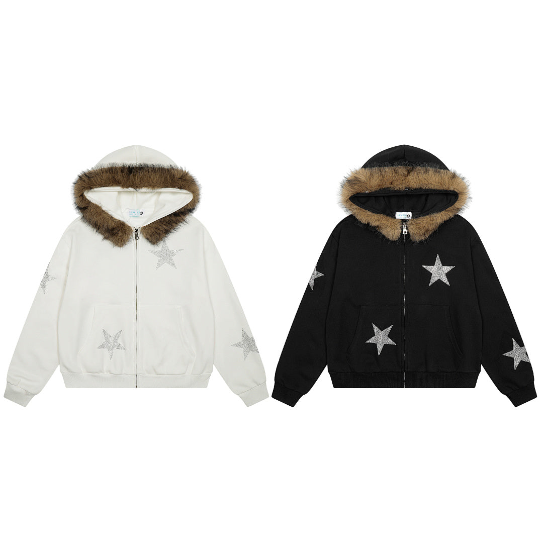 Star Rhinestone Fur Collar Zip Up Hoodie detail image 10
