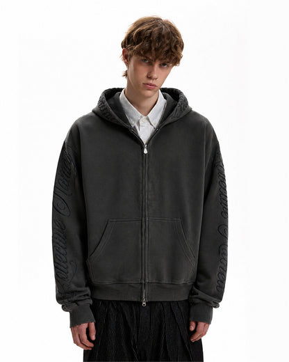 Script Embroidery Zip Up Hoodie model image