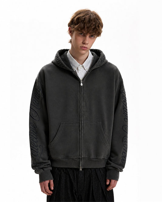 Script Embroidery Zip Up Hoodie model image