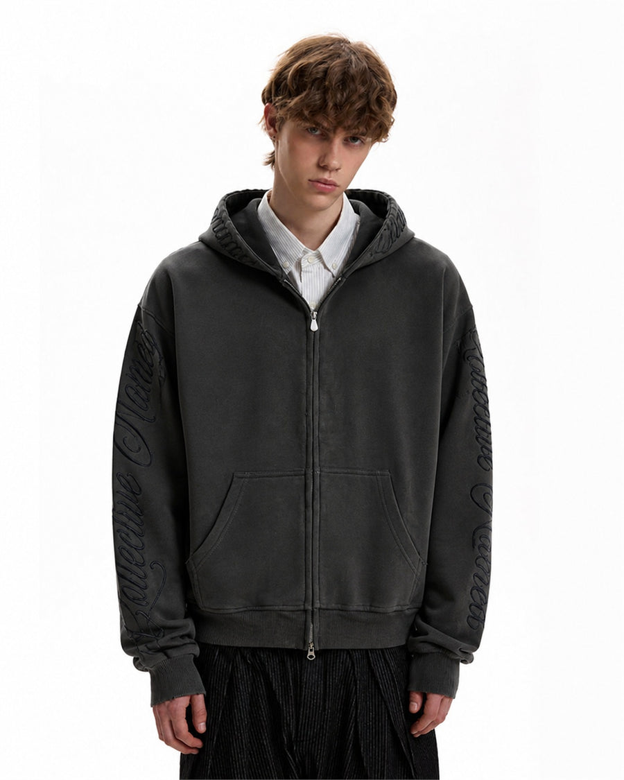 Script Embroidery Zip Up Hoodie