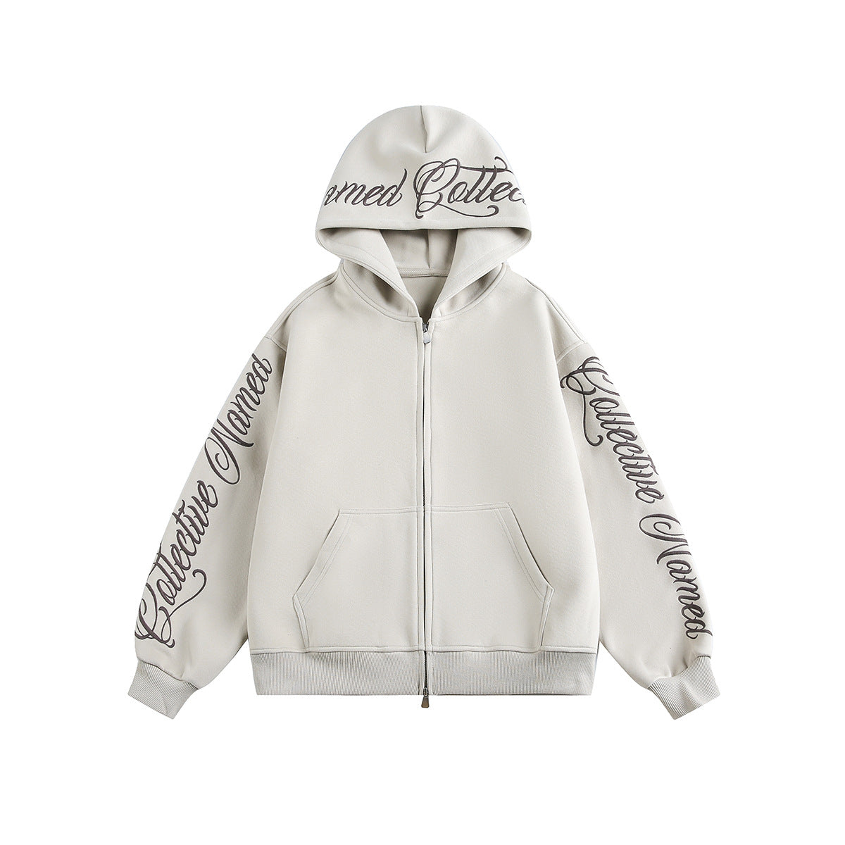 Script Embroidery Zip Up Hoodie Beige product image