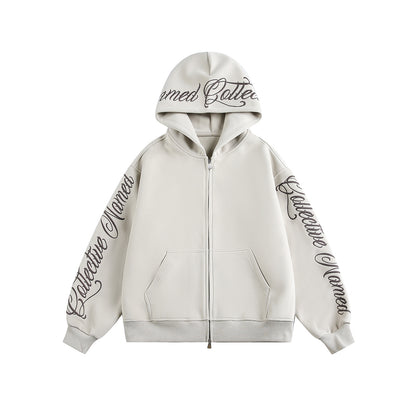 Script Embroidery Zip Up Hoodie Beige product image