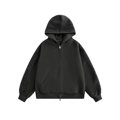 Script Embroidery Zip Up Hoodie Deep Gray product image