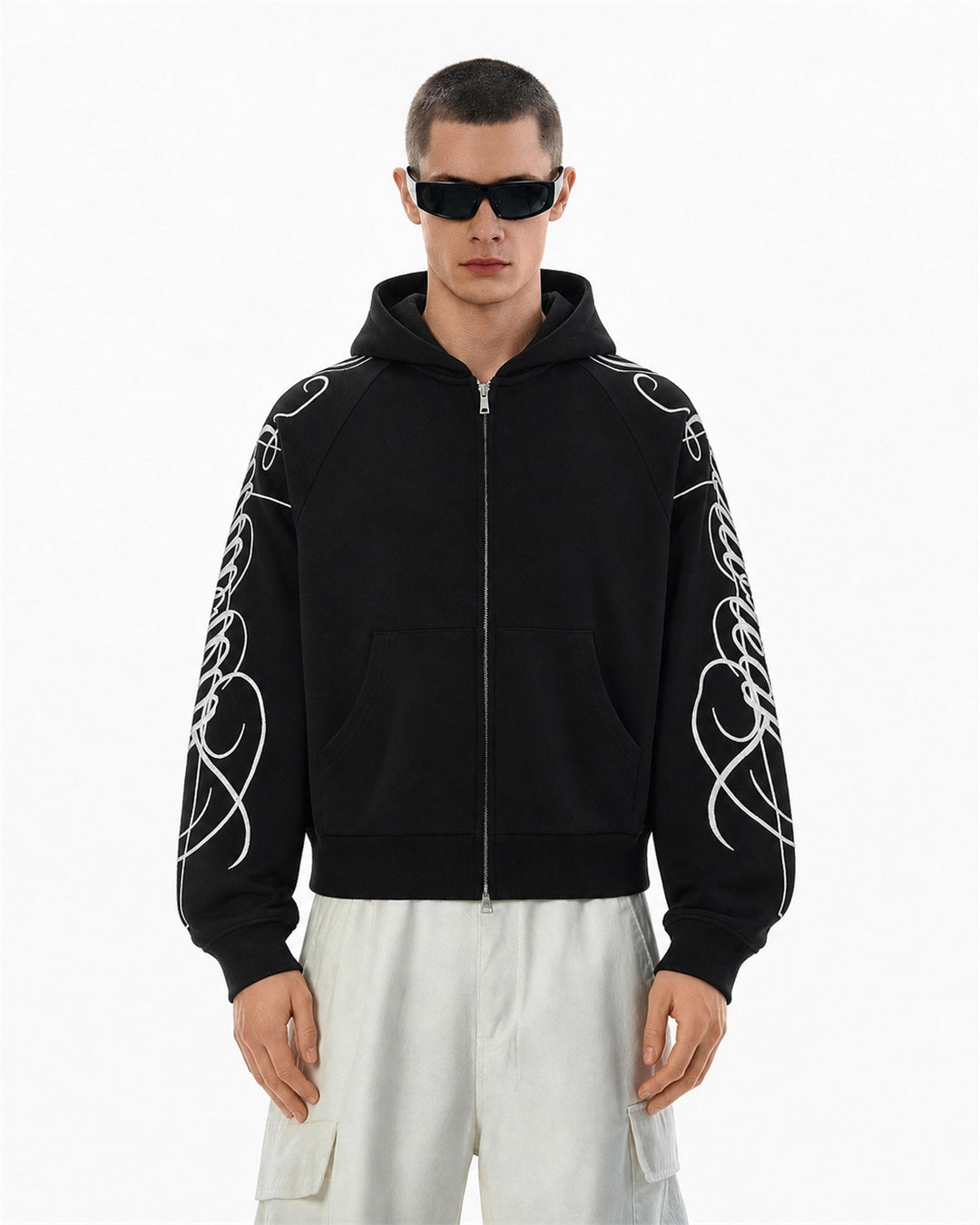 Abstract Sleeve Embroidery Zip Up Hoodie model image