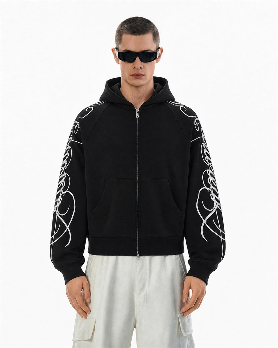 Abstract Sleeve Embroidery Zip Up Hoodie