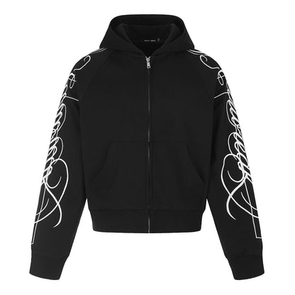 Abstract Sleeve Embroidery Zip Up Hoodie Black product image