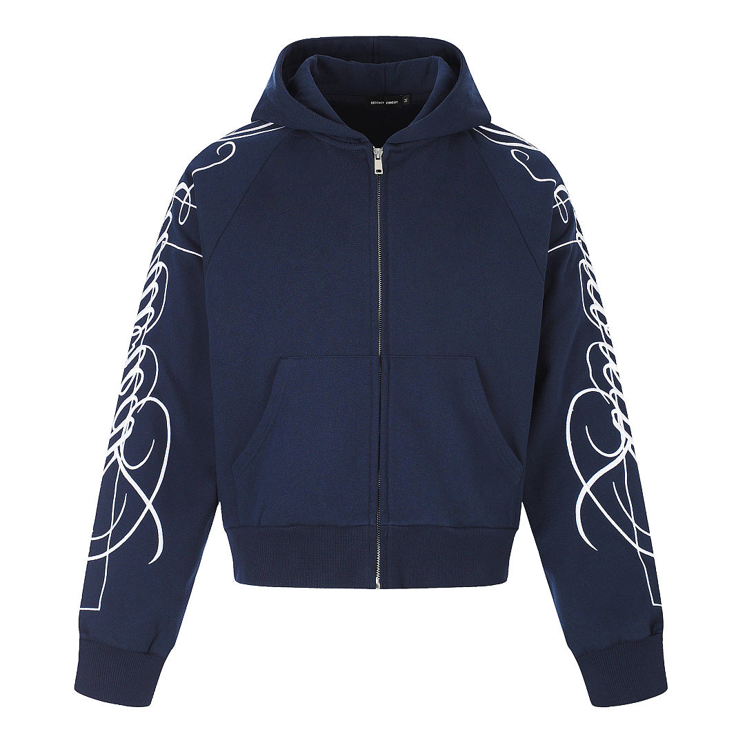 Abstract Sleeve Embroidery Zip Up Hoodie Navy Blue product image