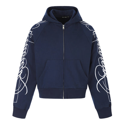 Abstract Sleeve Embroidery Zip Up Hoodie Navy Blue product image
