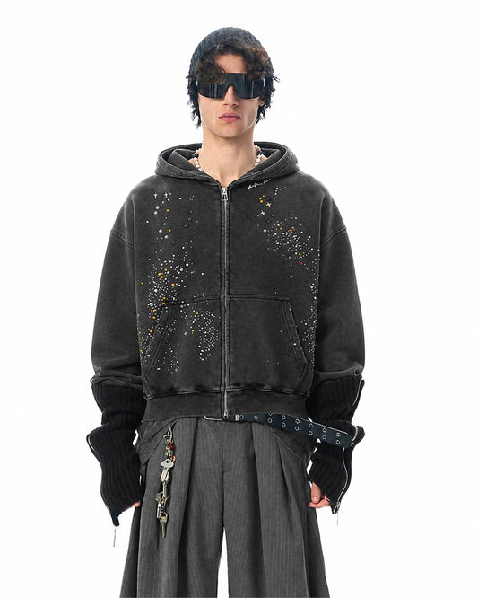 Rhinestone Star Boxy Zip Up Hoodie model image