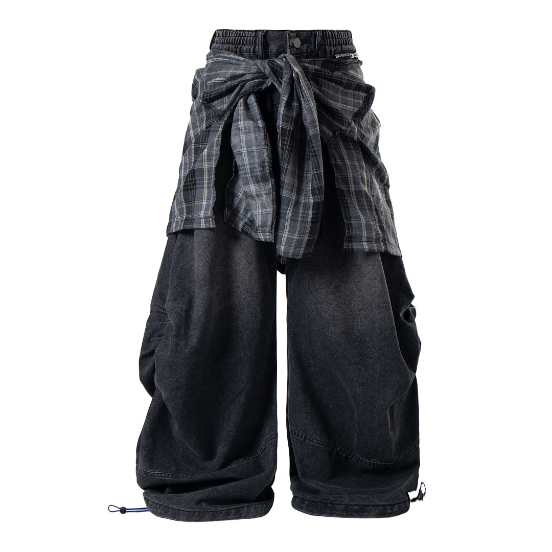 Detachable Plaid Layer Baggy Jeans Black product image
